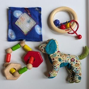 Handmade & Wooden Baby Toys, Sensory I Spy Bag, Rattle, Stuffed Dog Classic Set